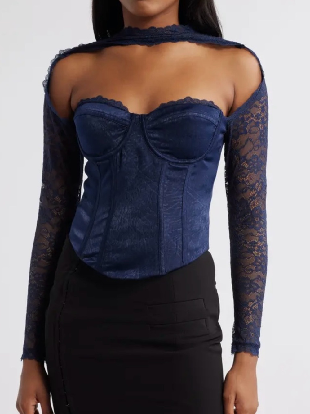 NWT Mistress Rocks Women’s Navy Satin & Lace Long Sleeve Corset. Size S